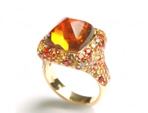 Bague en citrine avec saphirs oranges, jaunes, diamants bruns et or jaune